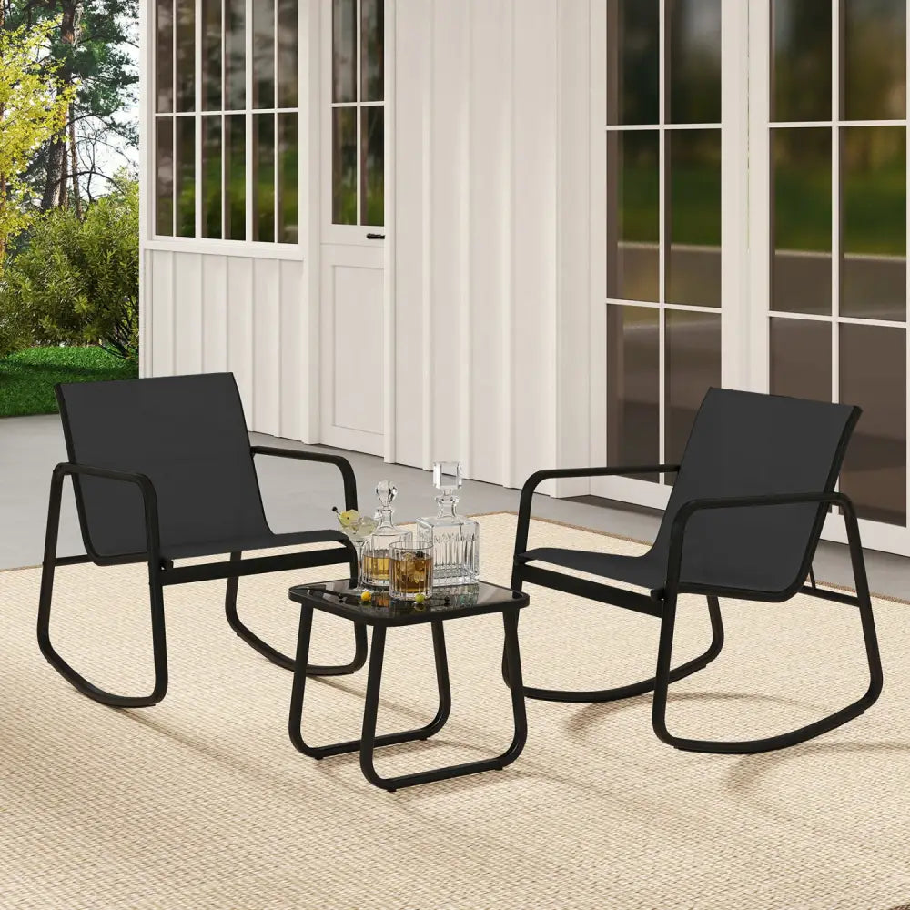 2 Rocking Bistro Chairs and Glass-Top Table for Porch Yard Balcony-Black - Black - Patio Conversation Sets