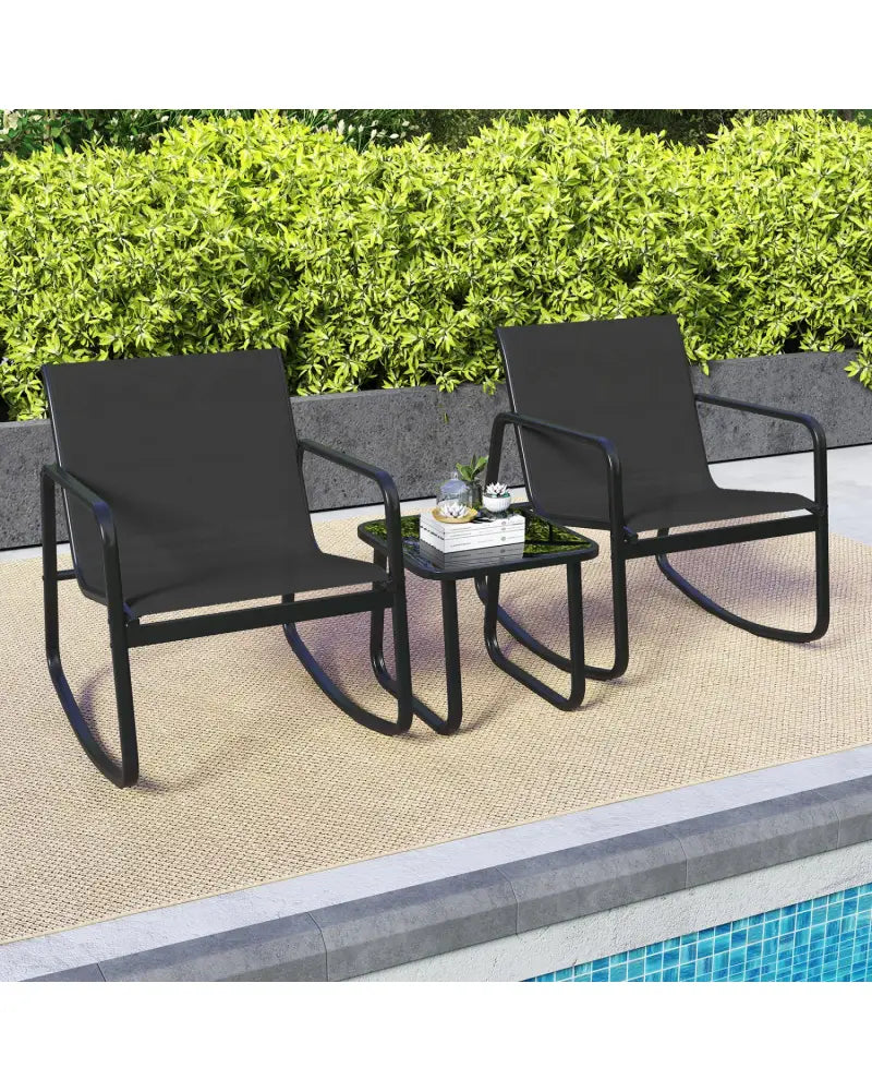 2 Rocking Bistro Chairs and Glass-Top Table for Porch Yard Balcony-Black - Black - Patio Conversation Sets