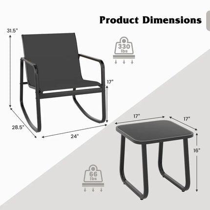 2 Rocking Bistro Chairs and Glass-Top Table for Porch Yard Balcony-Black - Black - Patio Conversation Sets