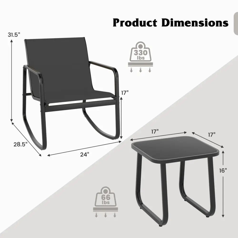 2 Rocking Bistro Chairs and Glass-Top Table for Porch Yard Balcony-Black - Black - Patio Conversation Sets