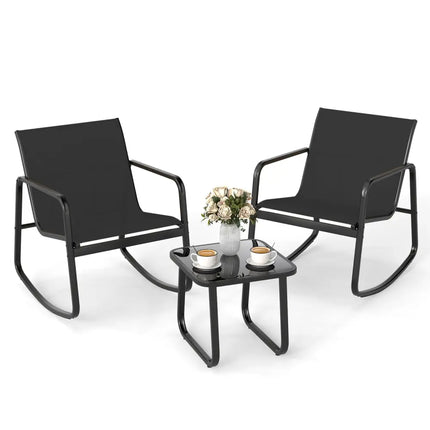 2 Rocking Bistro Chairs and Glass-Top Table for Porch Yard Balcony-Black - Black - Patio Conversation Sets
