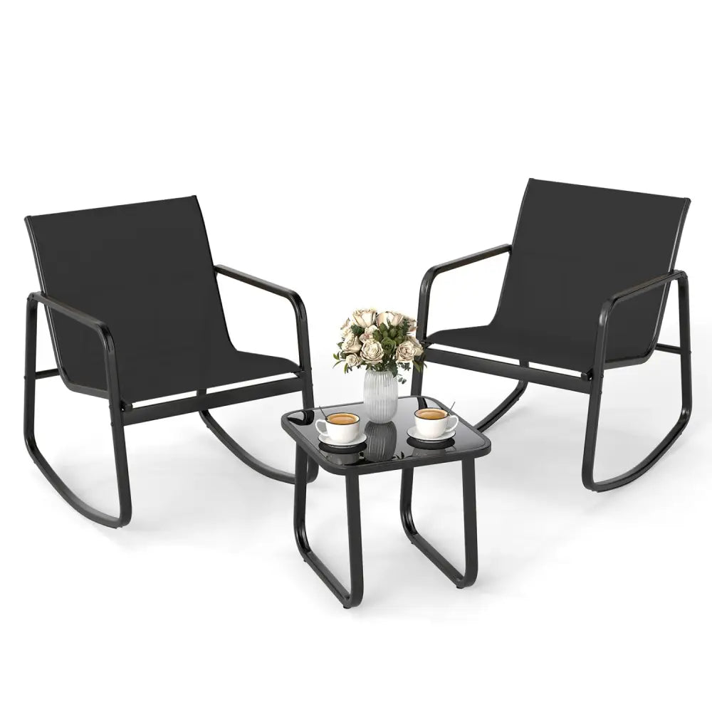 2 Rocking Bistro Chairs and Glass-Top Table for Porch Yard Balcony-Black - Black - Patio Conversation Sets