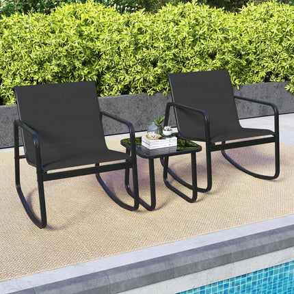 2 Rocking Bistro Chairs and Glass-Top Table for Porch Yard Balcony-Black - Black - Patio Conversation Sets