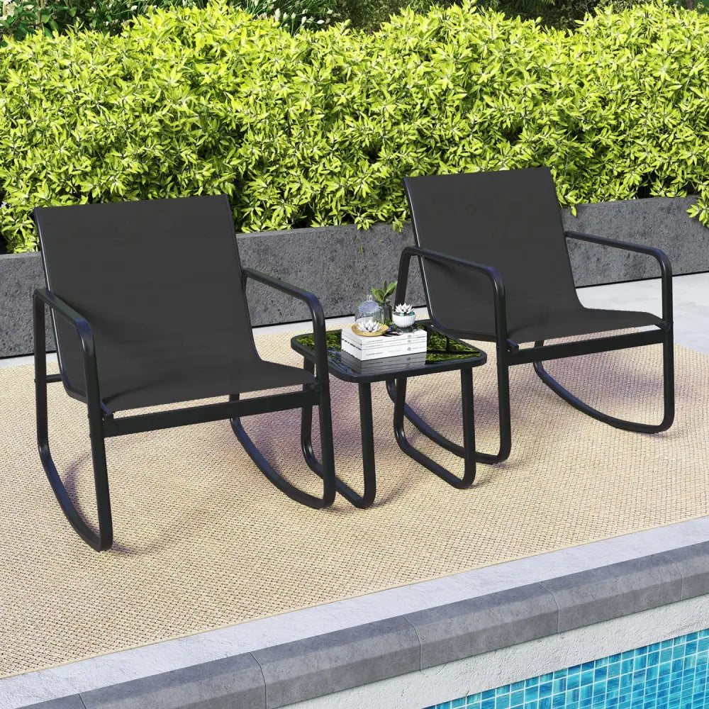 2 Rocking Bistro Chairs and Glass-Top Table for Porch Yard Balcony-Black - Black - Patio Conversation Sets