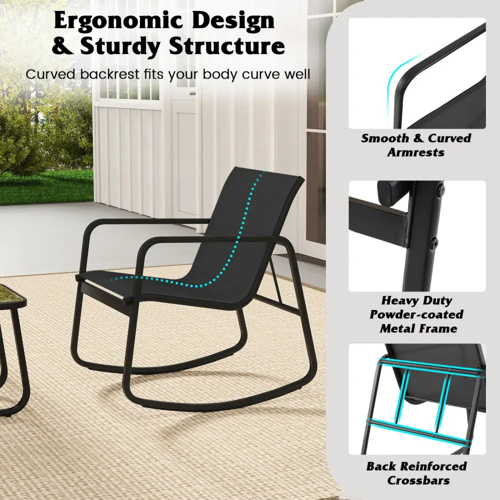 2 Rocking Bistro Chairs and Glass-Top Table for Porch Yard Balcony-Black - Black - Patio Conversation Sets
