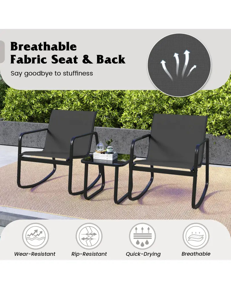 2 Rocking Bistro Chairs and Glass-Top Table for Porch Yard Balcony-Black - Black - Patio Conversation Sets