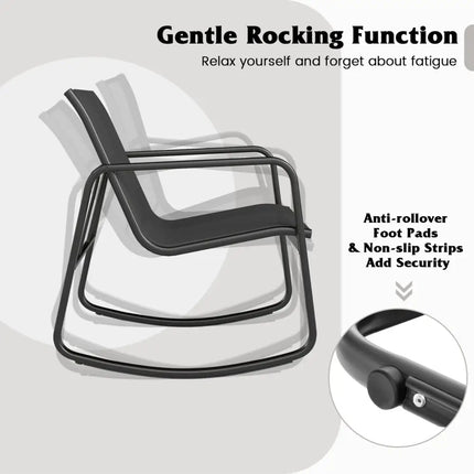 2 Rocking Bistro Chairs and Glass-Top Table for Porch Yard Balcony-Black - Black - Patio Conversation Sets
