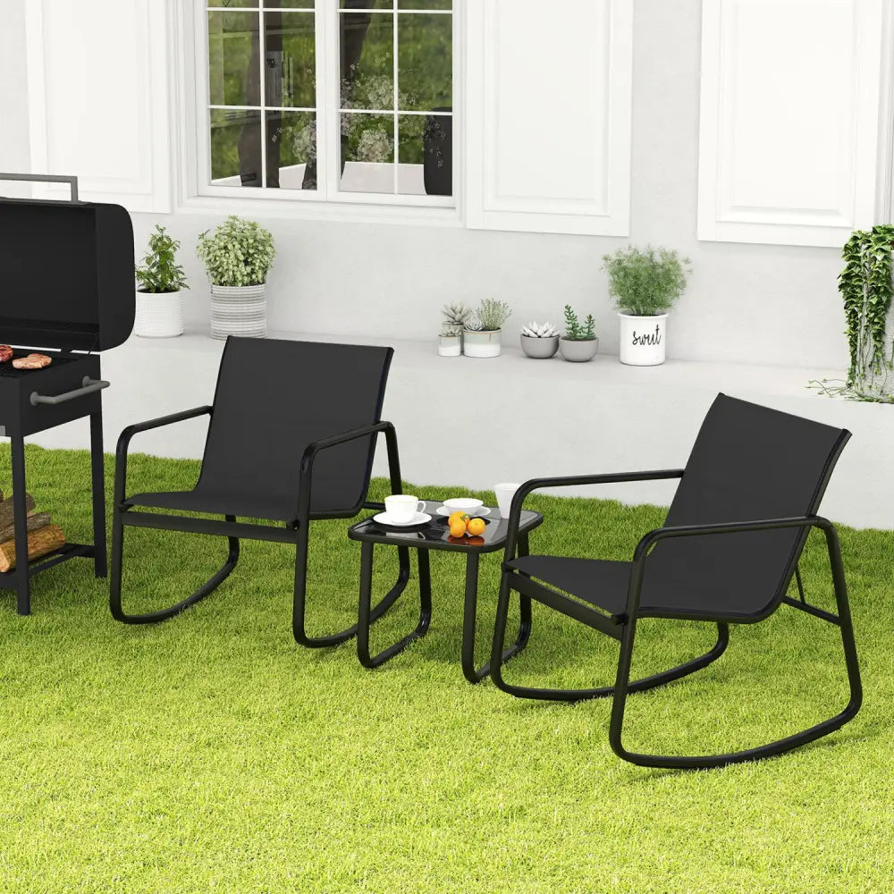 2 Rocking Bistro Chairs and Glass-Top Table for Porch Yard Balcony-Black - Black - Patio Conversation Sets