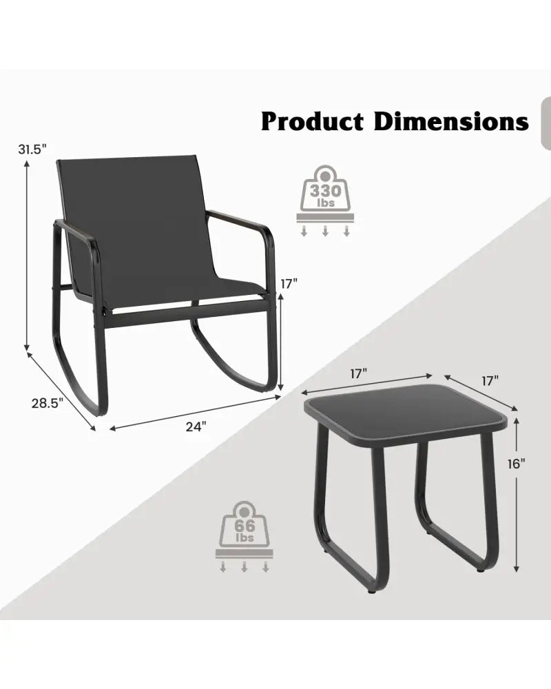 2 Rocking Bistro Chairs and Glass-Top Table for Porch Yard Balcony-Black - Black - Patio Conversation Sets