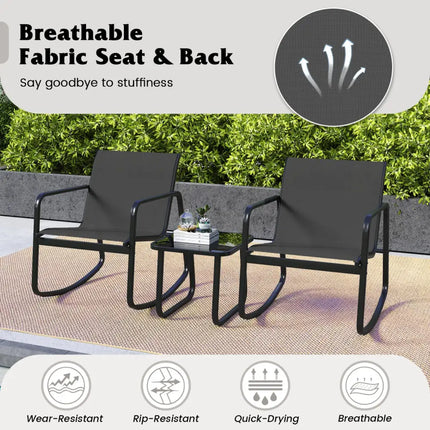 2 Rocking Bistro Chairs and Glass-Top Table for Porch Yard Balcony-Black - Black - Patio Conversation Sets