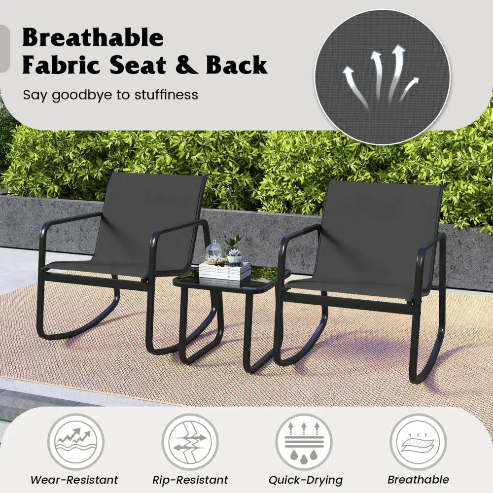 2 Rocking Bistro Chairs and Glass-Top Table for Porch Yard Balcony-Black - Black - Patio Conversation Sets