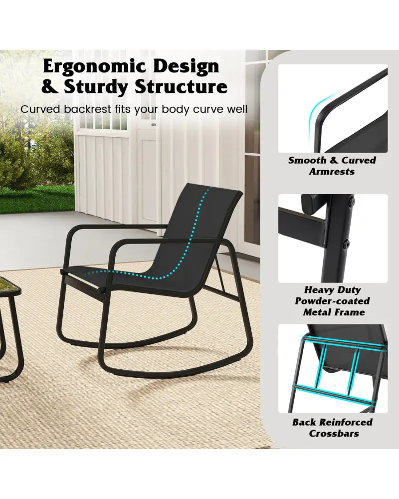 2 Rocking Bistro Chairs and Glass-Top Table for Porch Yard Balcony-Black - Black - Patio Conversation Sets