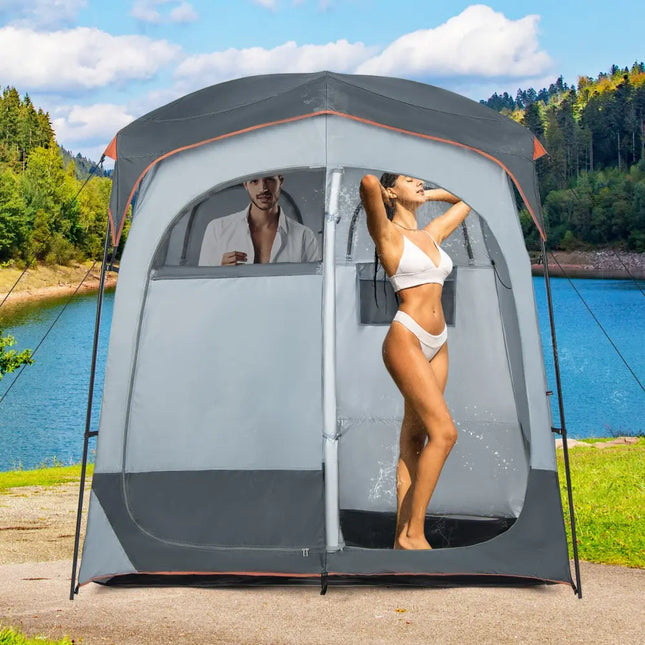 2 Rooms Oversize Privacy Shower Tent with Removable Rain Fly and Inside Pocket-Gray - Gray - Tents