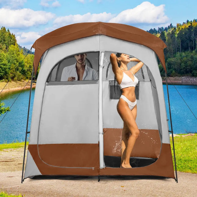 2 Rooms Oversize Privacy Shower Tent with Removable Rain Fly and Inside Pocket-Brown - Brown - Tents