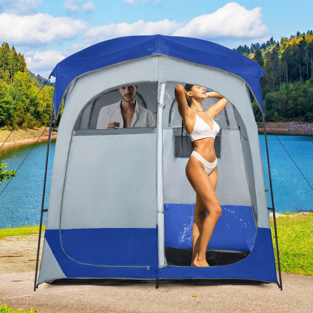 2 Rooms Oversize Privacy Shower Tent with Removable Rain Fly and Inside Pocket-Blue - Blue - Tents