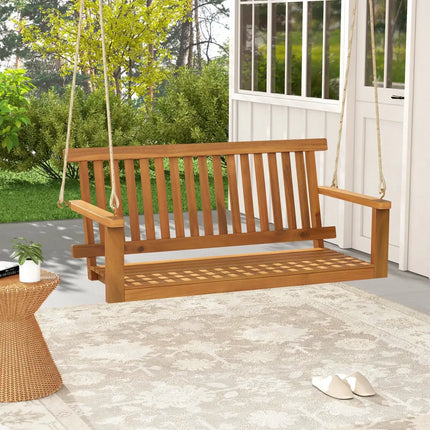 2-Seat Acacia Wood Porch Swing Bench with 2 Hanging Hemp Ropes - Natural - Porch Swings