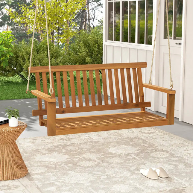 2-Seat Acacia Wood Porch Swing Bench with 2 Hanging Hemp Ropes - Natural - Porch Swings