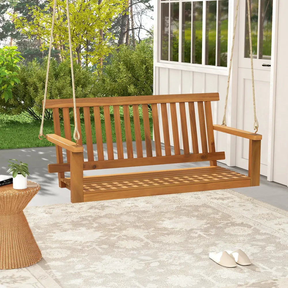 2-Seat Acacia Wood Porch Swing Bench with 2 Hanging Hemp Ropes - Natural - Porch Swings