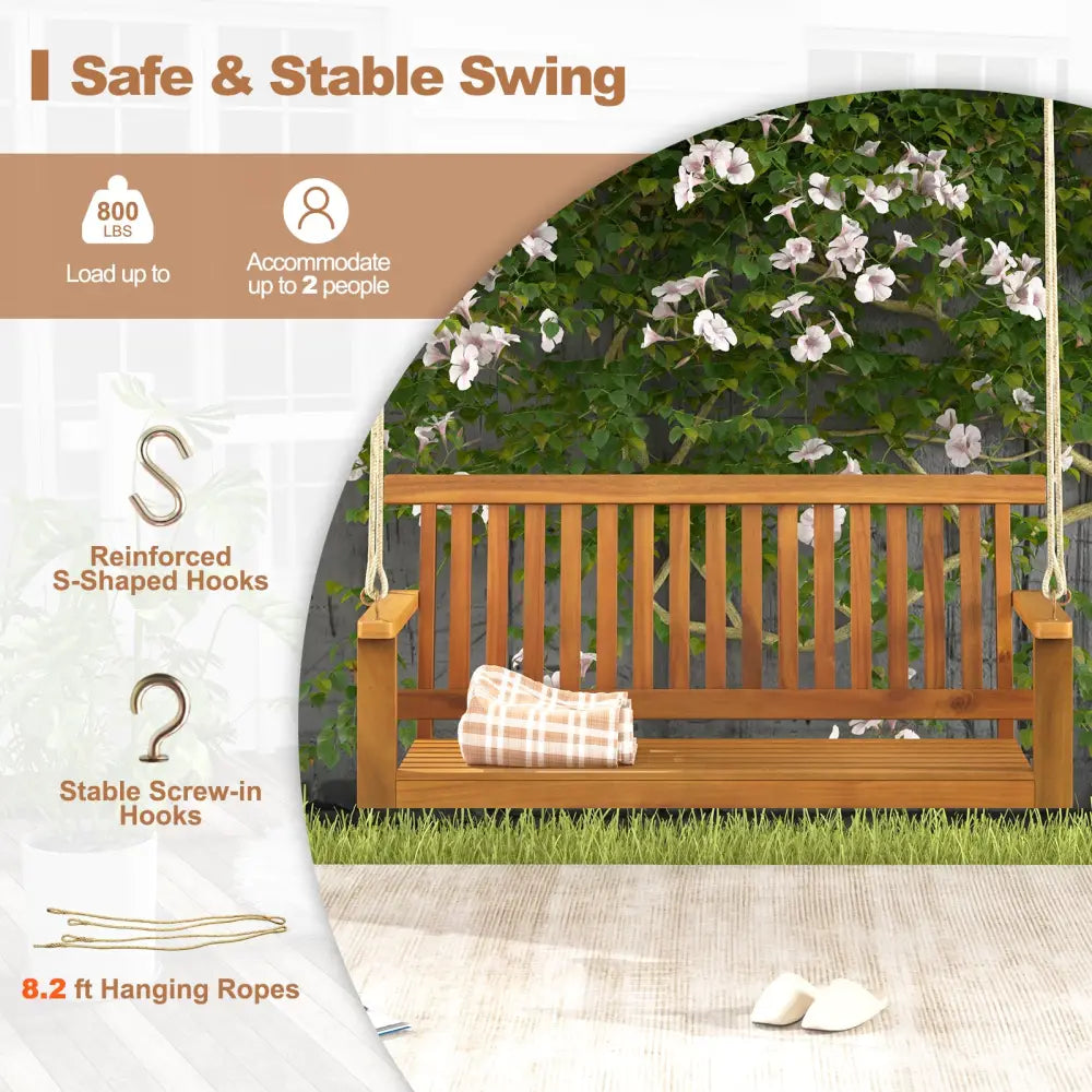 2-Seat Acacia Wood Porch Swing Bench with 2 Hanging Hemp Ropes - Natural - Porch Swings