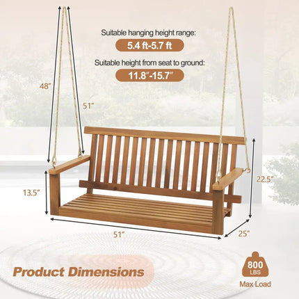 2-Seat Acacia Wood Porch Swing Bench with 2 Hanging Hemp Ropes - Natural - Porch Swings