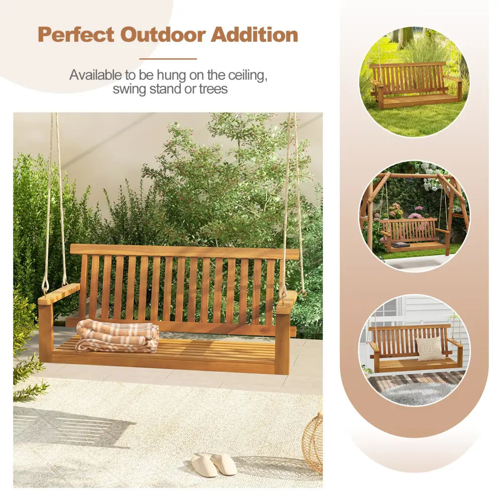 2-Seat Acacia Wood Porch Swing Bench with 2 Hanging Hemp Ropes - Natural - Porch Swings