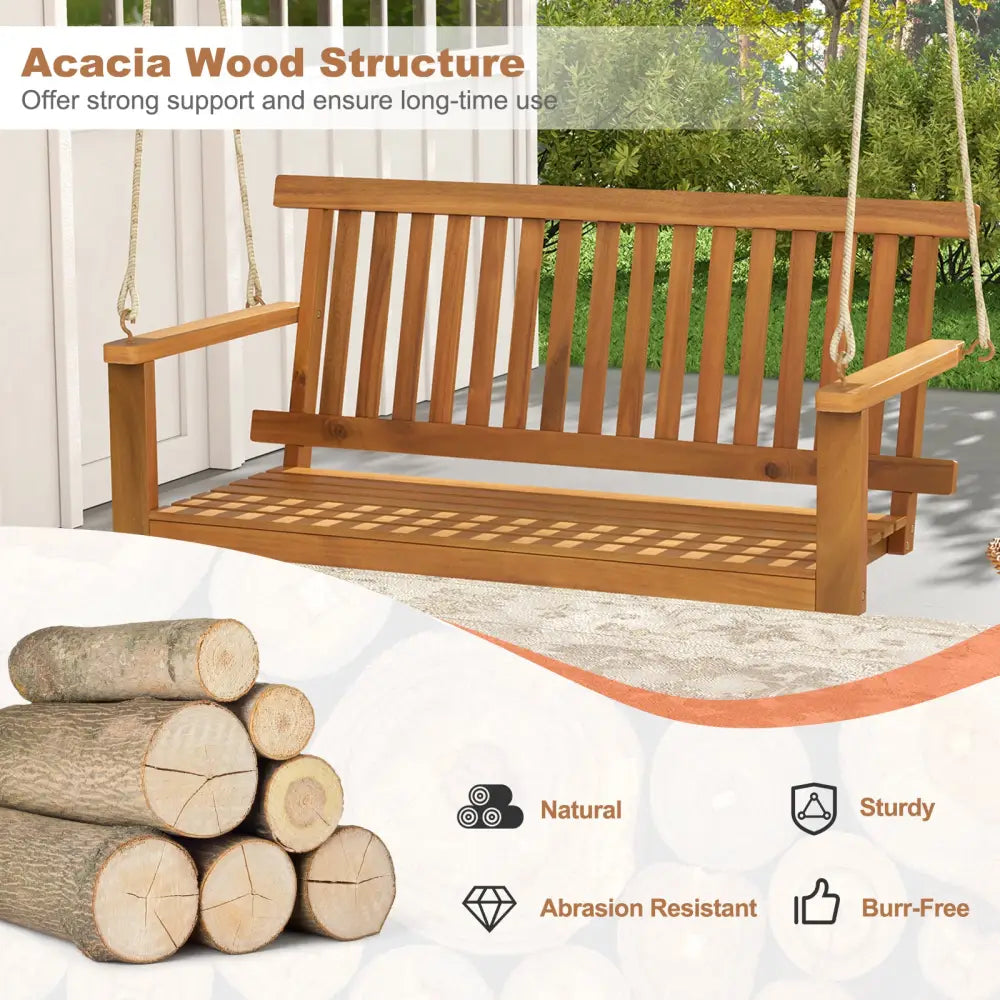 2-Seat Acacia Wood Porch Swing Bench with 2 Hanging Hemp Ropes - Natural - Porch Swings