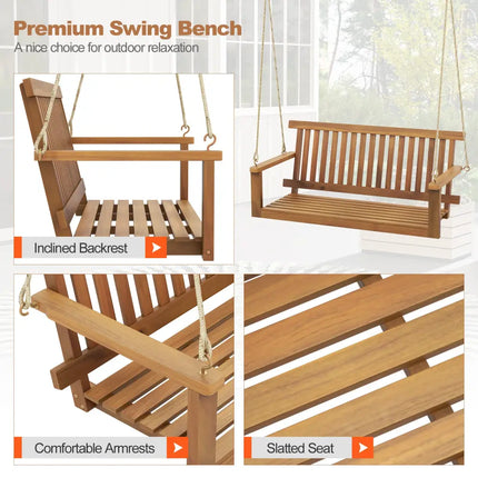 2-Seat Acacia Wood Porch Swing Bench with 2 Hanging Hemp Ropes - Natural - Porch Swings