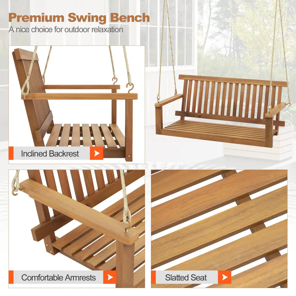 2-Seat Acacia Wood Porch Swing Bench with 2 Hanging Hemp Ropes - Natural - Porch Swings