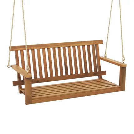 2-Seat Acacia Wood Porch Swing Bench with 2 Hanging Hemp Ropes - Natural - Porch Swings