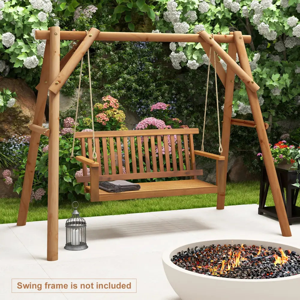 2-Seat Acacia Wood Porch Swing Bench with 2 Hanging Hemp Ropes - Natural - Porch Swings
