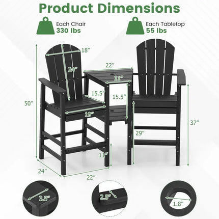 2-Seat Adirondack Chair All-Weather Adirondack Chair with Double Connecting Tray-Black - Black - Adirondack Chairs