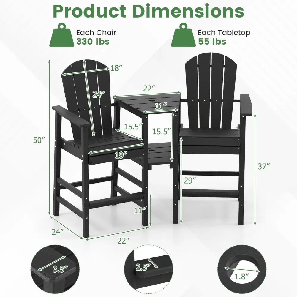2-Seat Adirondack Chair All-Weather Adirondack Chair with Double Connecting Tray-Black - Black - Adirondack Chairs