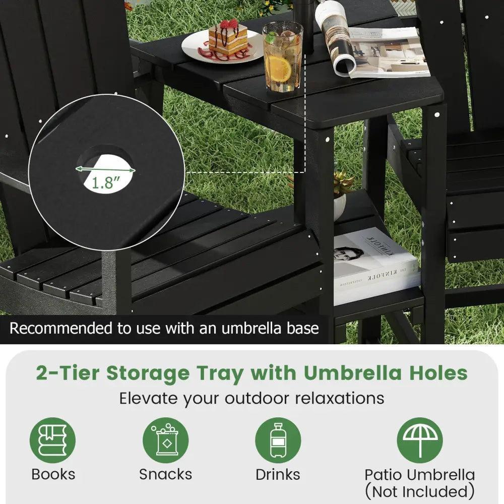 2-Seat Adirondack Chair All-Weather Adirondack Chair with Double Connecting Tray-Black - Black - Adirondack Chairs