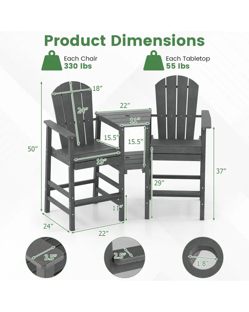 2-Seat Adirondack Chair All-Weather Adirondack Chair with Double Connecting Tray-Gray - Gray - Adirondack Chairs