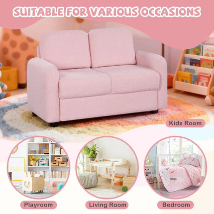2-Seat Kids Sofa Toddler Sofa Couch with Soft Teddy Fleece Upholstery and Solid Wooden Frame-Pink - Pink - Kids Chairs