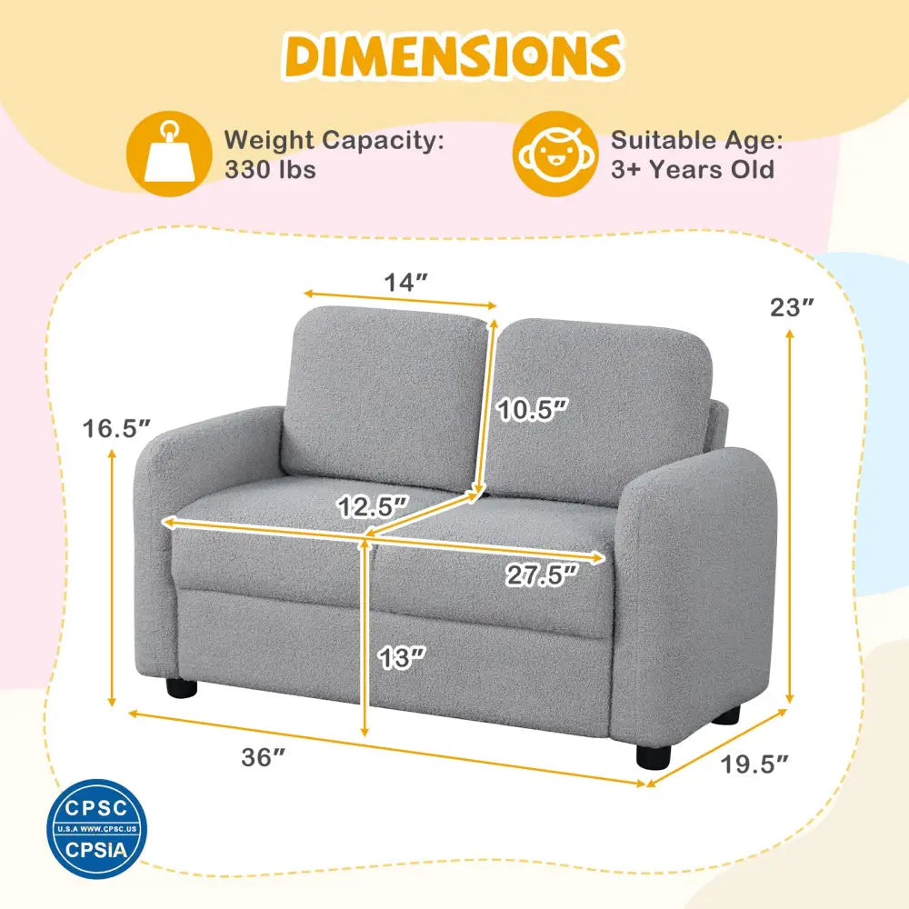2-Seat Kids Sofa Toddler Sofa Couch with Soft Teddy Fleece Upholstery and Solid Wooden Frame-Gray - Gray - Kids Chairs