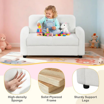 2-Seat Kids Sofa Toddler Sofa Couch with Soft Teddy Fleece Upholstery and Solid Wooden Frame-White - White - Kids