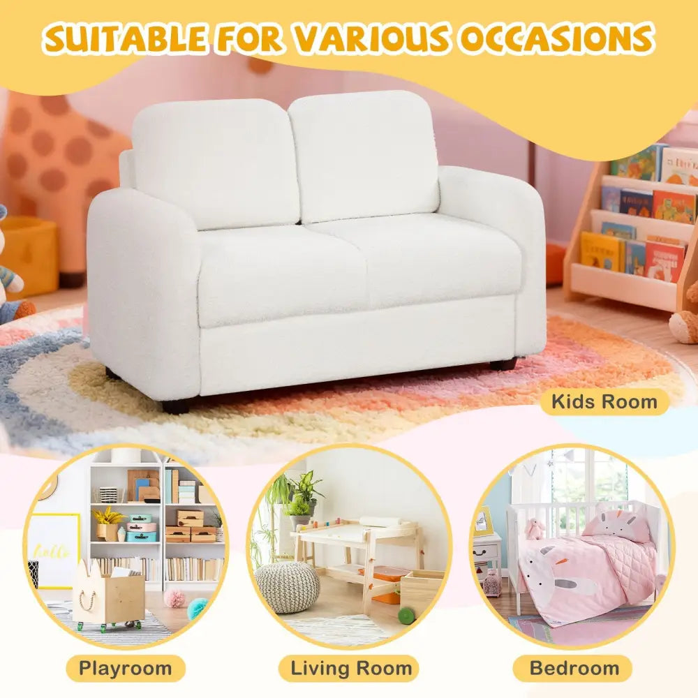 2-Seat Kids Sofa Toddler Sofa Couch with Soft Teddy Fleece Upholstery and Solid Wooden Frame-White - White - Kids