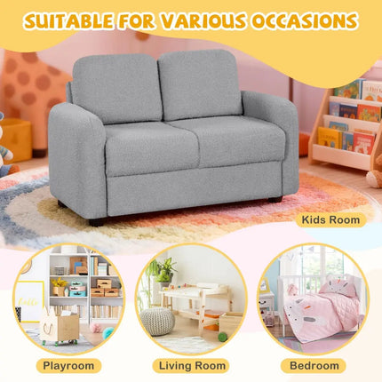2-Seat Kids Sofa Toddler Sofa Couch with Soft Teddy Fleece Upholstery and Solid Wooden Frame-Gray - Gray - Kids Chairs