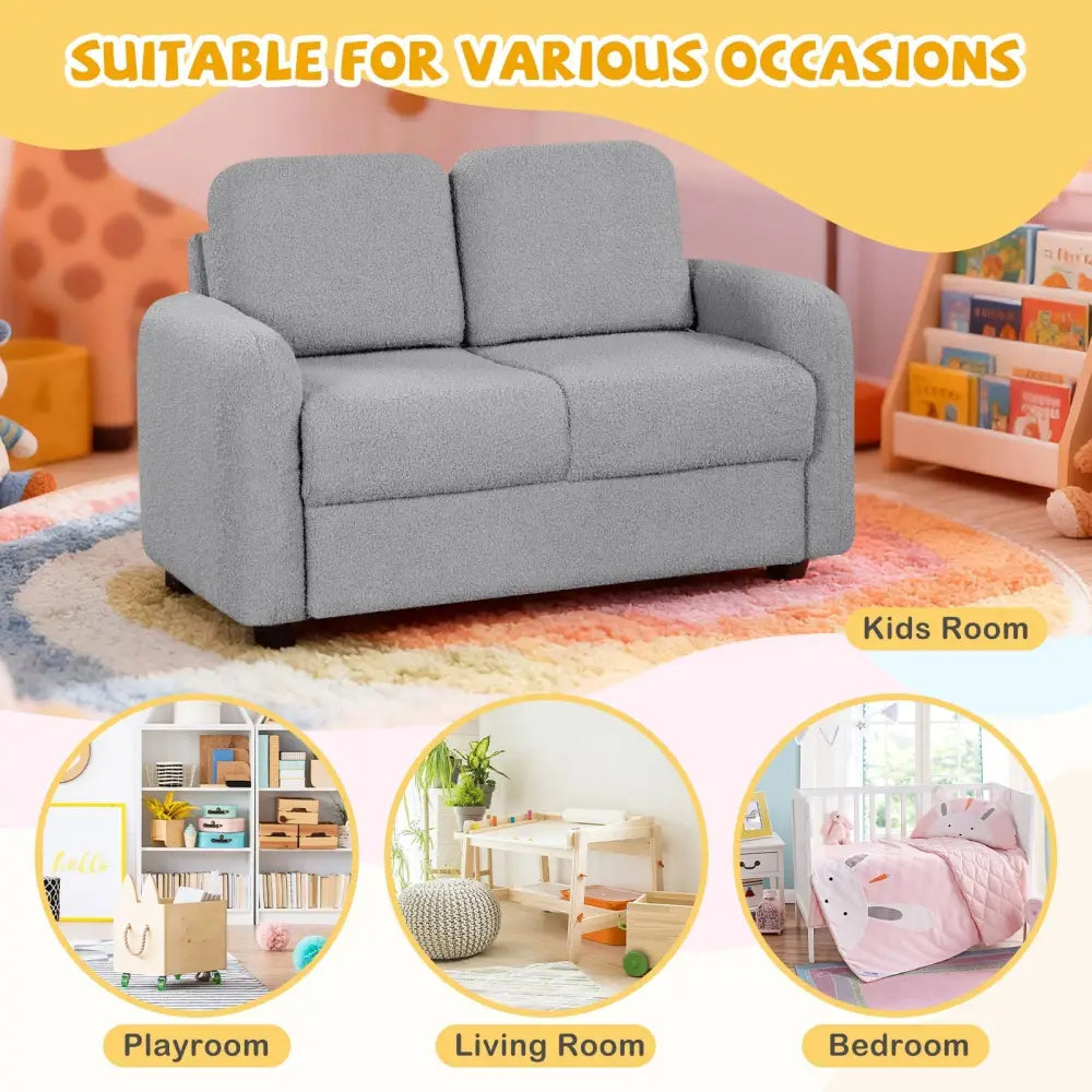 2-Seat Kids Sofa Toddler Sofa Couch with Soft Teddy Fleece Upholstery and Solid Wooden Frame-Gray - Gray - Kids Chairs