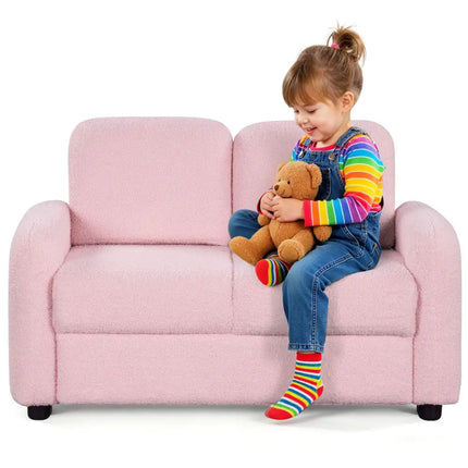 2-Seat Kids Sofa Toddler Sofa Couch with Soft Teddy Fleece Upholstery and Solid Wooden Frame-Pink - Pink - Kids Chairs