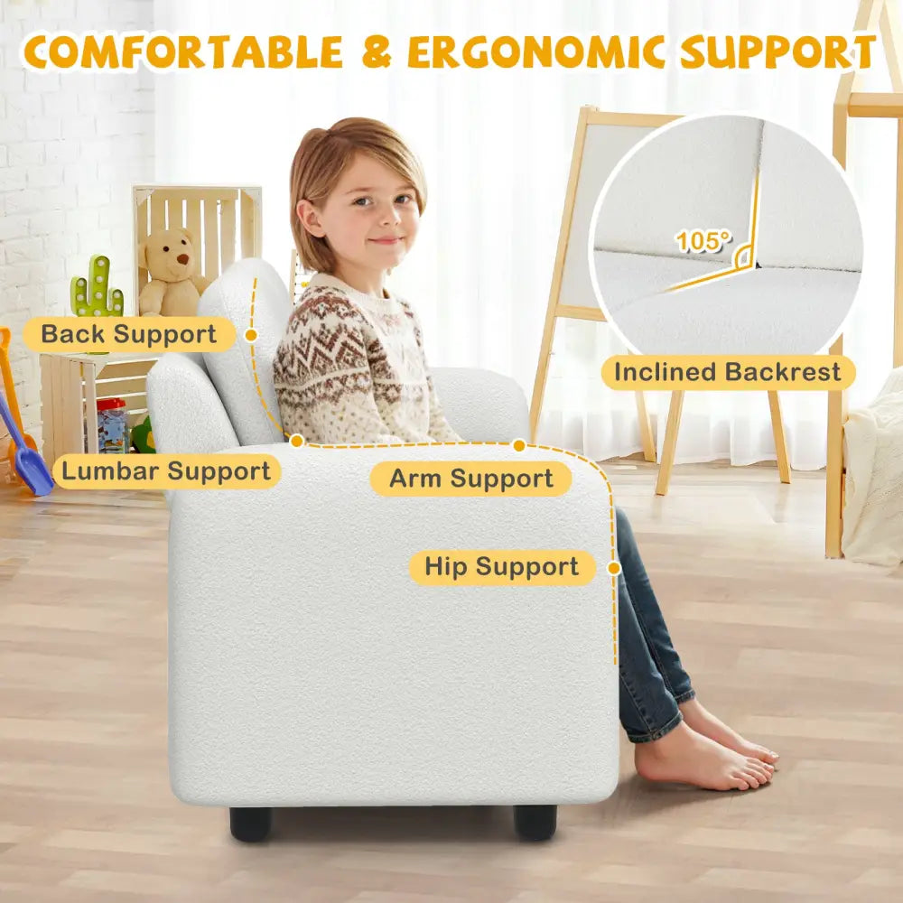 2-Seat Kids Sofa Toddler Sofa Couch with Soft Teddy Fleece Upholstery and Solid Wooden Frame-White - White - Kids