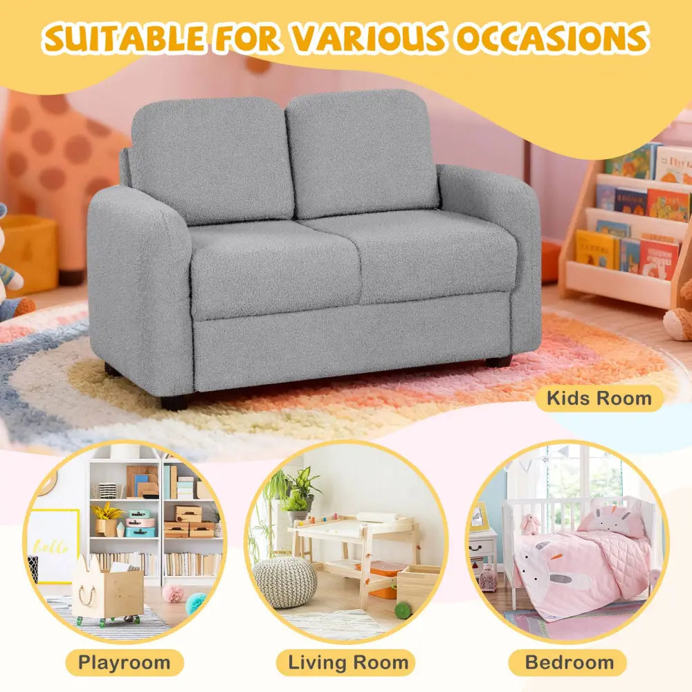 2-Seat Kids Sofa Toddler Sofa Couch with Soft Teddy Fleece Upholstery and Solid Wooden Frame-Gray - Gray - Kids Chairs