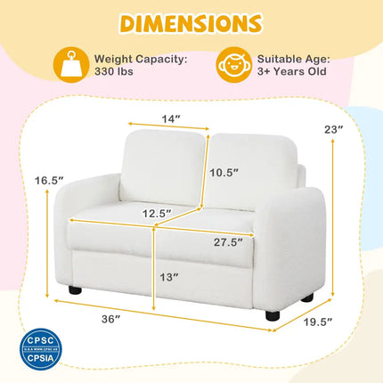 2-Seat Kids Sofa Toddler Sofa Couch with Soft Teddy Fleece Upholstery and Solid Wooden Frame-White - White - Kids