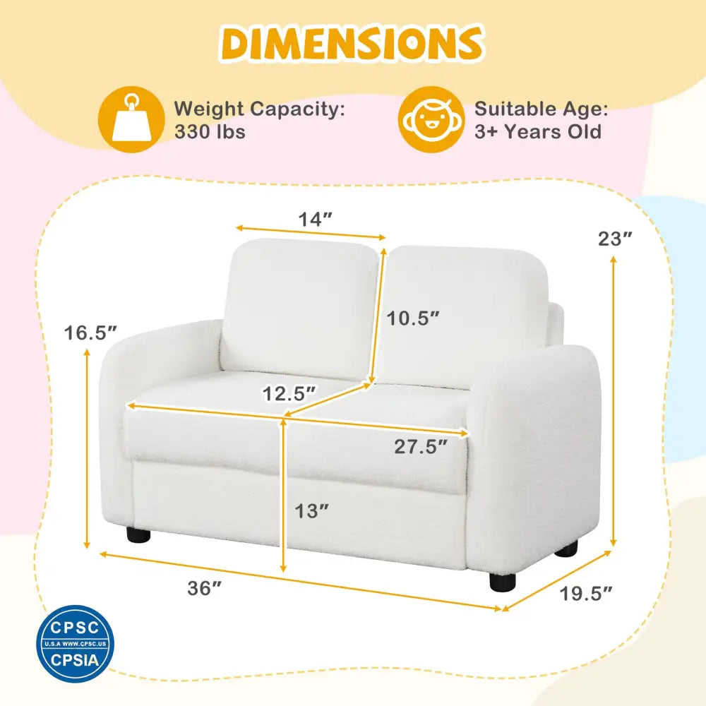 2-Seat Kids Sofa Toddler Sofa Couch with Soft Teddy Fleece Upholstery and Solid Wooden Frame-White - White - Kids