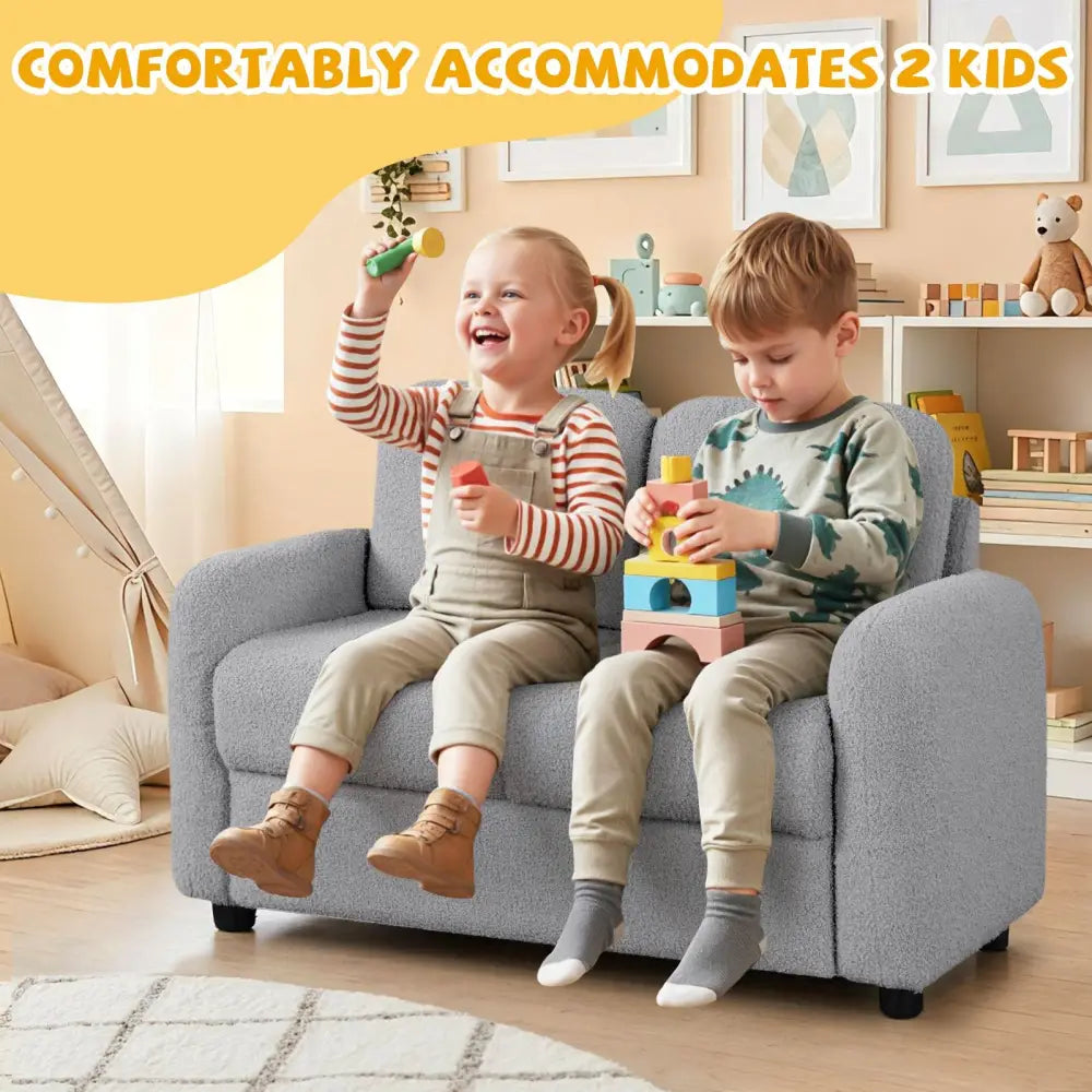 2-Seat Kids Sofa Toddler Sofa Couch with Soft Teddy Fleece Upholstery and Solid Wooden Frame-Gray - Gray - Kids Chairs