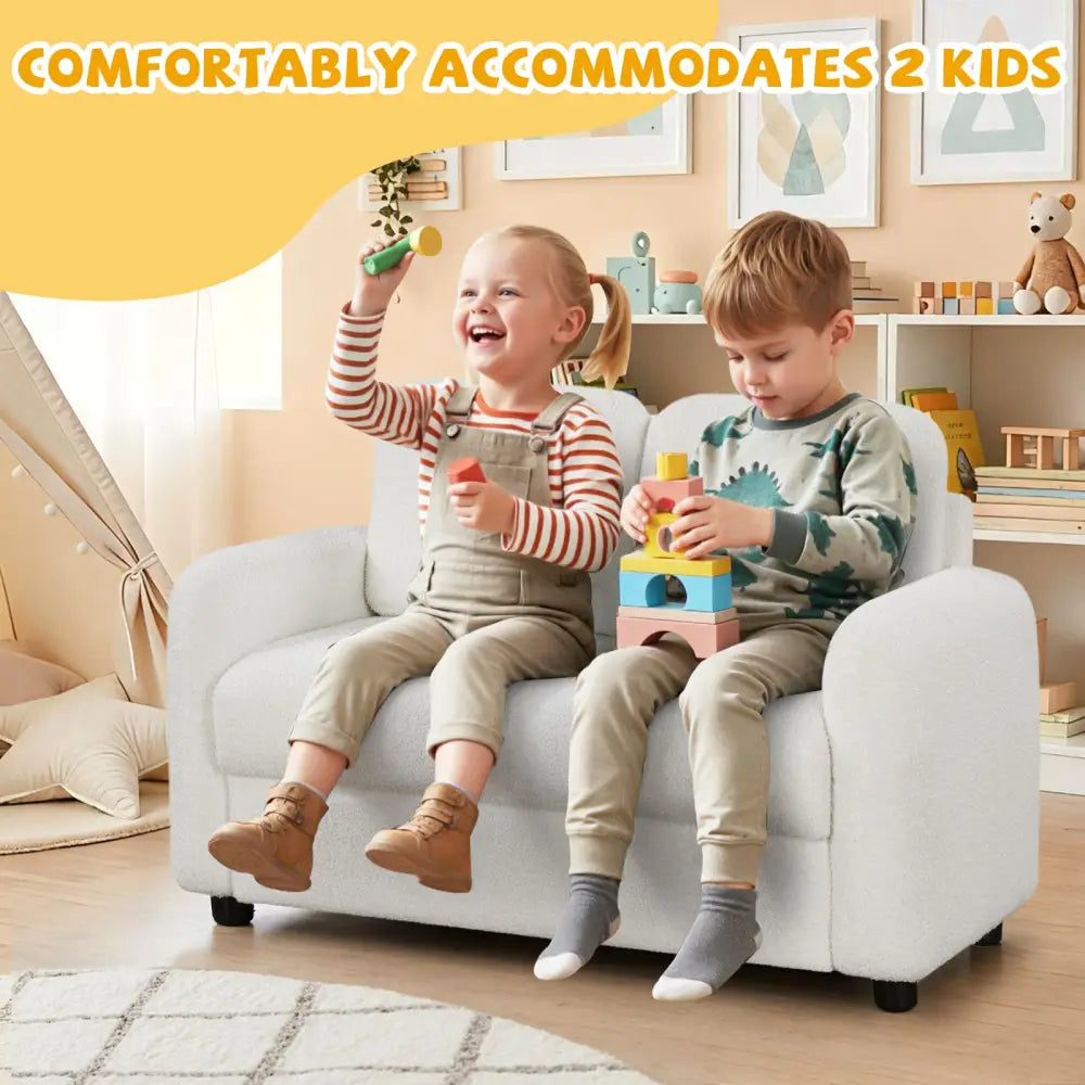 2-Seat Kids Sofa Toddler Sofa Couch with Soft Teddy Fleece Upholstery and Solid Wooden Frame-White - White - Kids