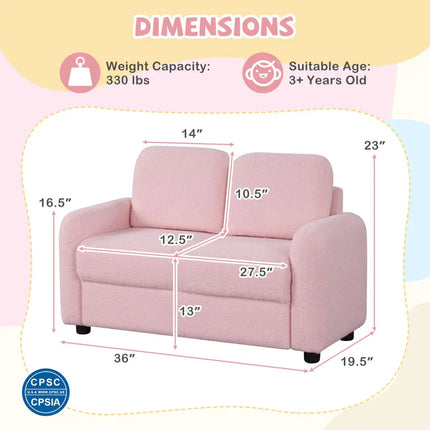2-Seat Kids Sofa Toddler Sofa Couch with Soft Teddy Fleece Upholstery and Solid Wooden Frame-Pink - Pink - Kids Chairs