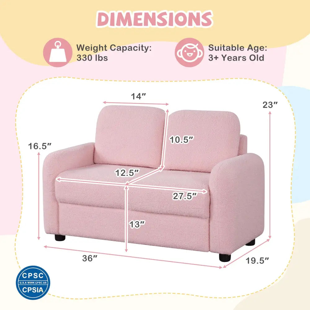 2-Seat Kids Sofa Toddler Sofa Couch with Soft Teddy Fleece Upholstery and Solid Wooden Frame-Pink - Pink - Kids Chairs