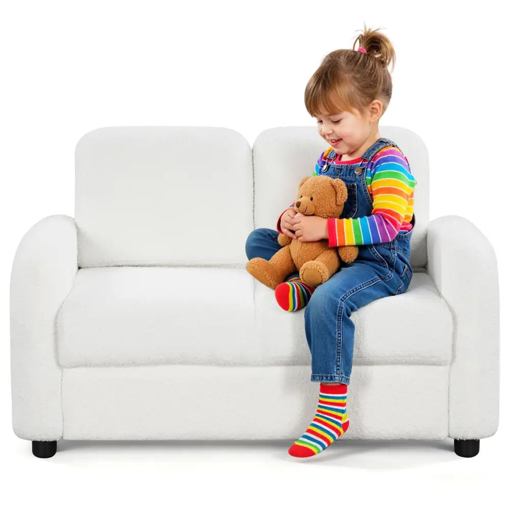 2-Seat Kids Sofa Toddler Sofa Couch with Soft Teddy Fleece Upholstery and Solid Wooden Frame-White - White - Kids